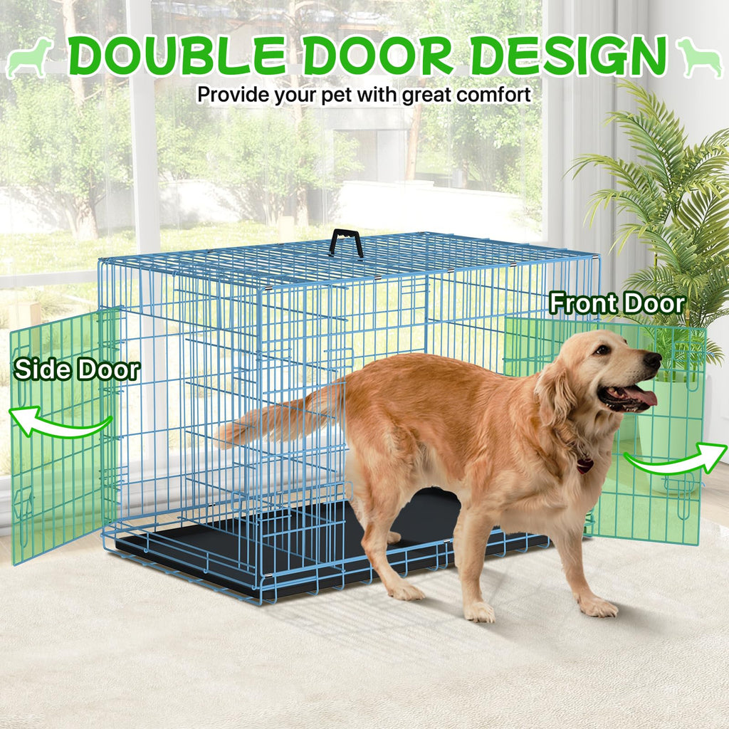 48 Inch Extra Large Double Door Folding Metal Dog Crate with Divider Panel V34359