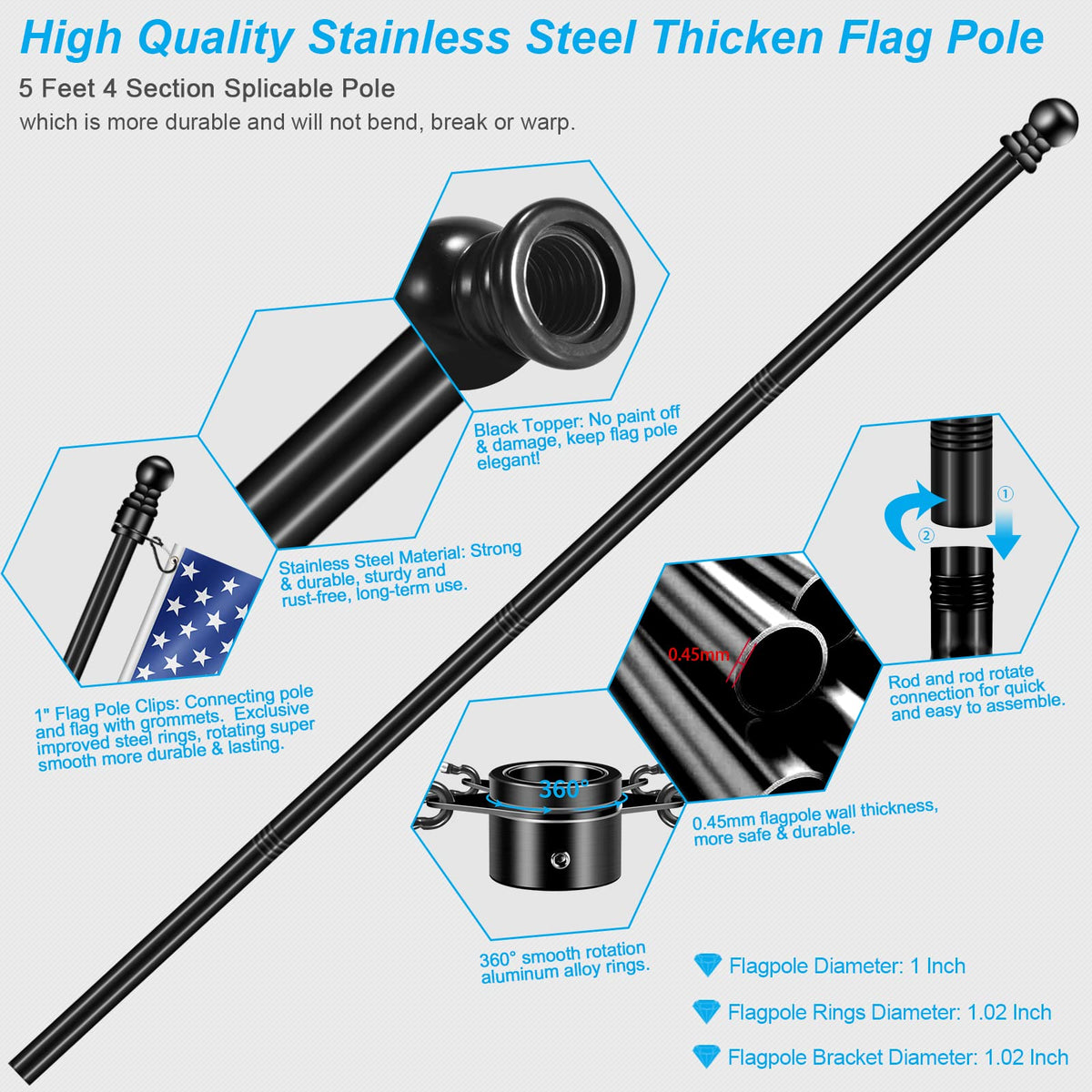 5 FT Stainless Steel Flag Pole Kit with Holder Bracket I227