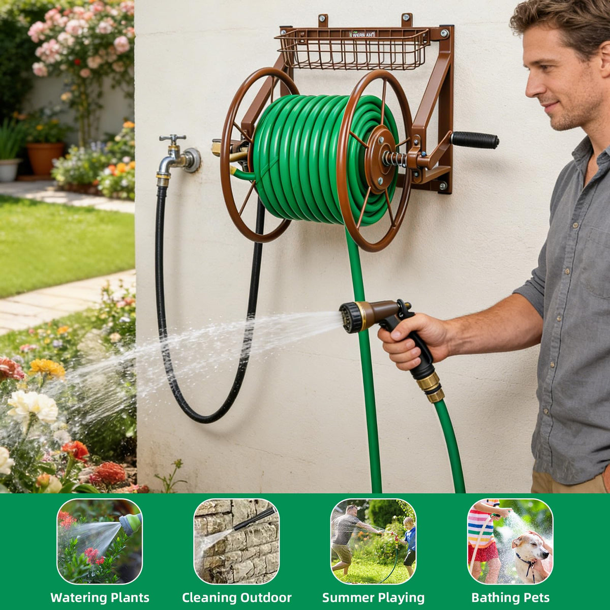 Wall Mount Metal Garden Hose Reel Holds 155ft 5/8" Hose F631211