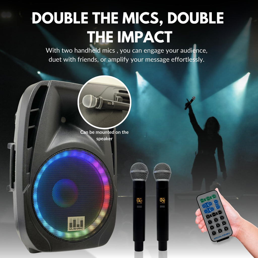 15" 2000W Portable PA Speaker System with Wireless Microphones D8199