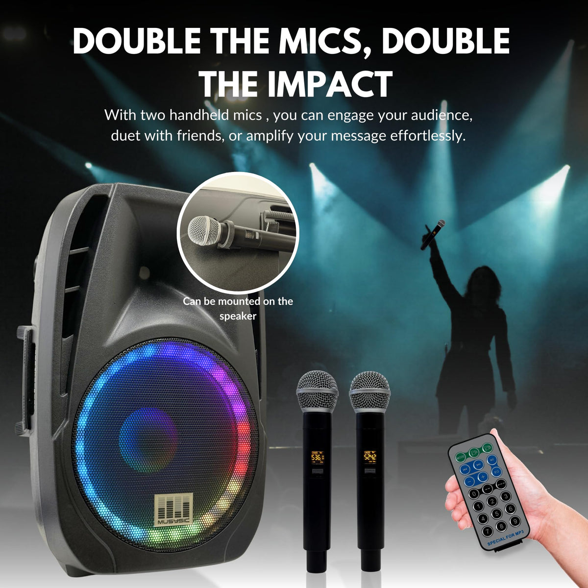 15" 2000W Portable PA Speaker System with Wireless Microphones D8199