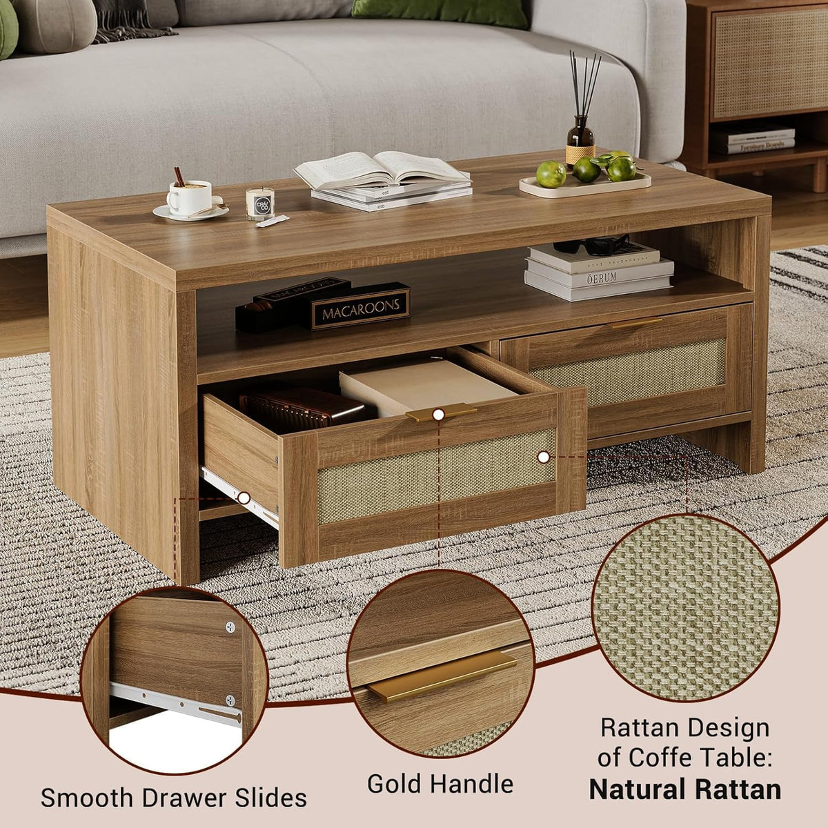 40” Boho Rattan Coffee Table with Storage W130
