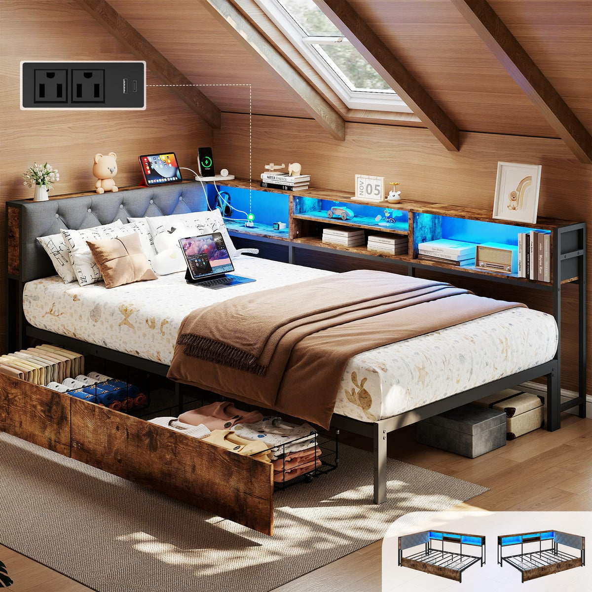 Twin XL Metal Platform Bed Frame with Storage Bookcase Headboard and LED Lights D7071