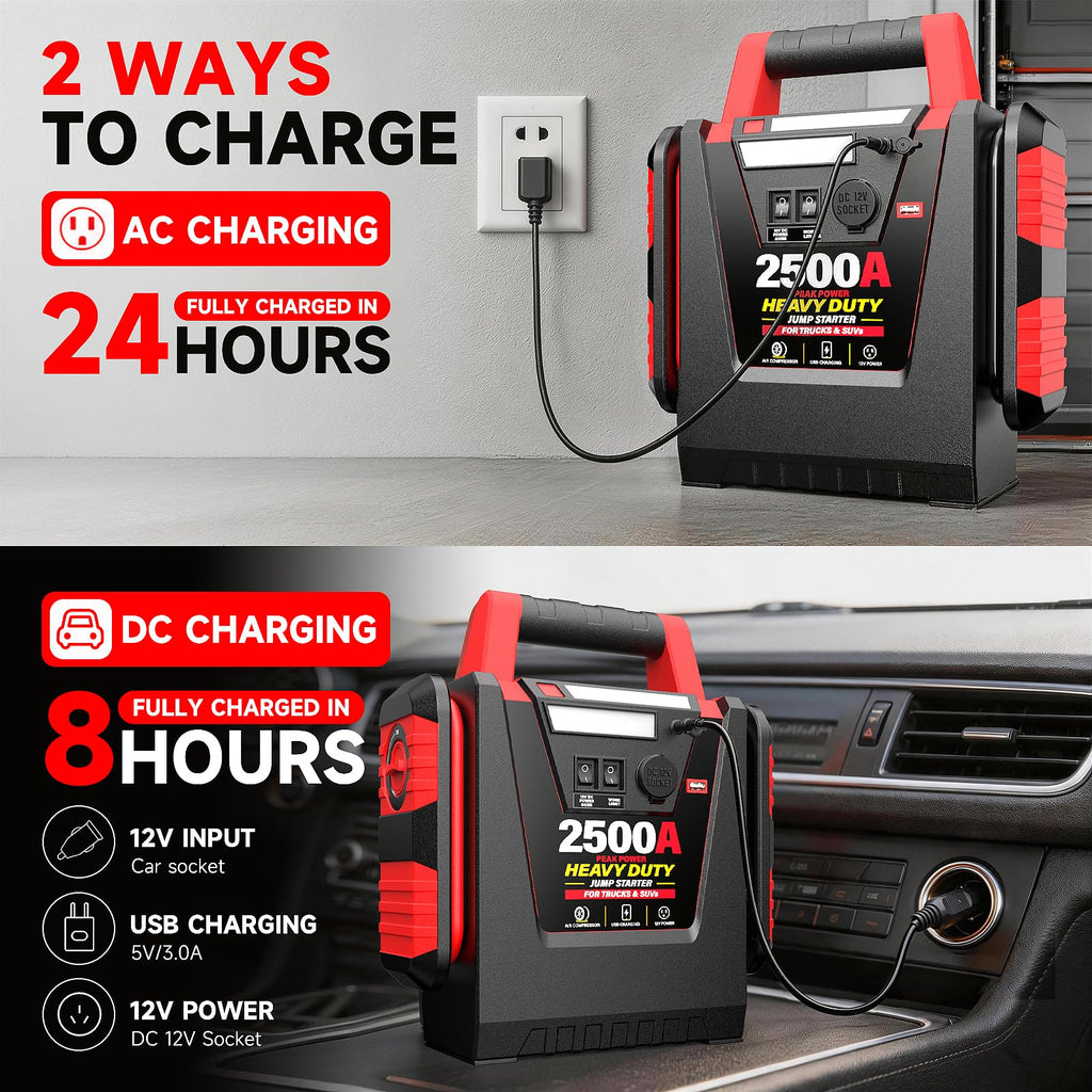 12V Portable Car Jump Starter with Air Compressor and Work Light W875
