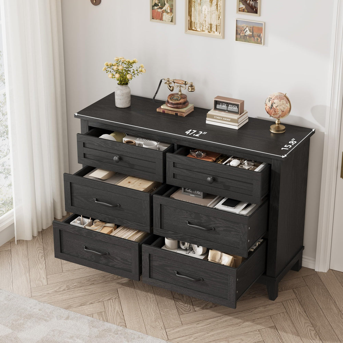6 Drawer Wood Dresser Dark Black J3043
