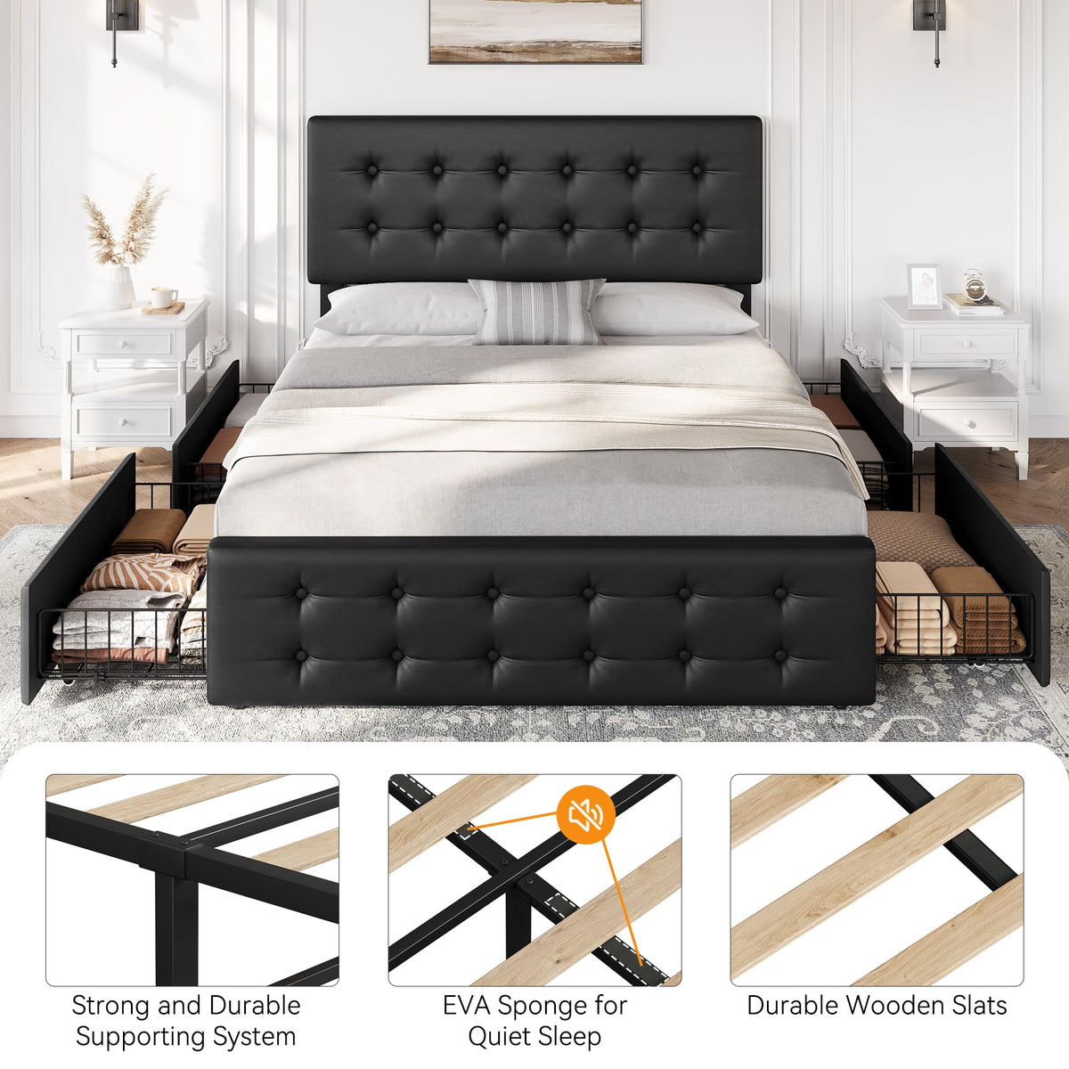 Full Size Bed Frame with 4 Storage Drawers and Headboard, Black O19435
