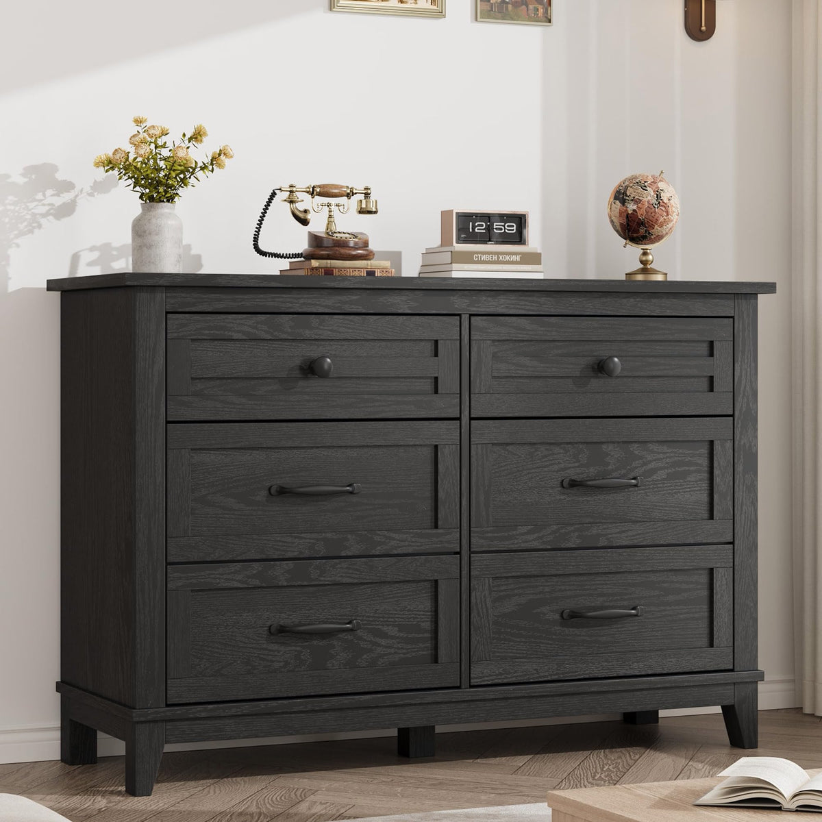 6 Drawer Wood Dresser Dark Black J3043