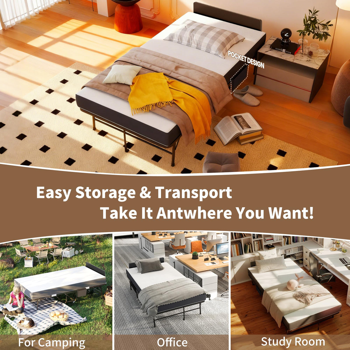 Folding Bed with Mattress & Headboard T660640