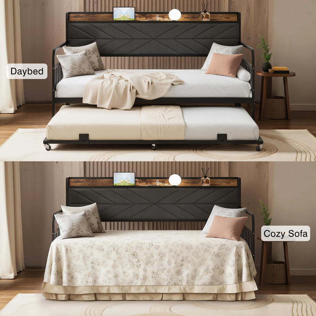 Black Metal Twin Daybed with Trundle and Storage Headboard P9870