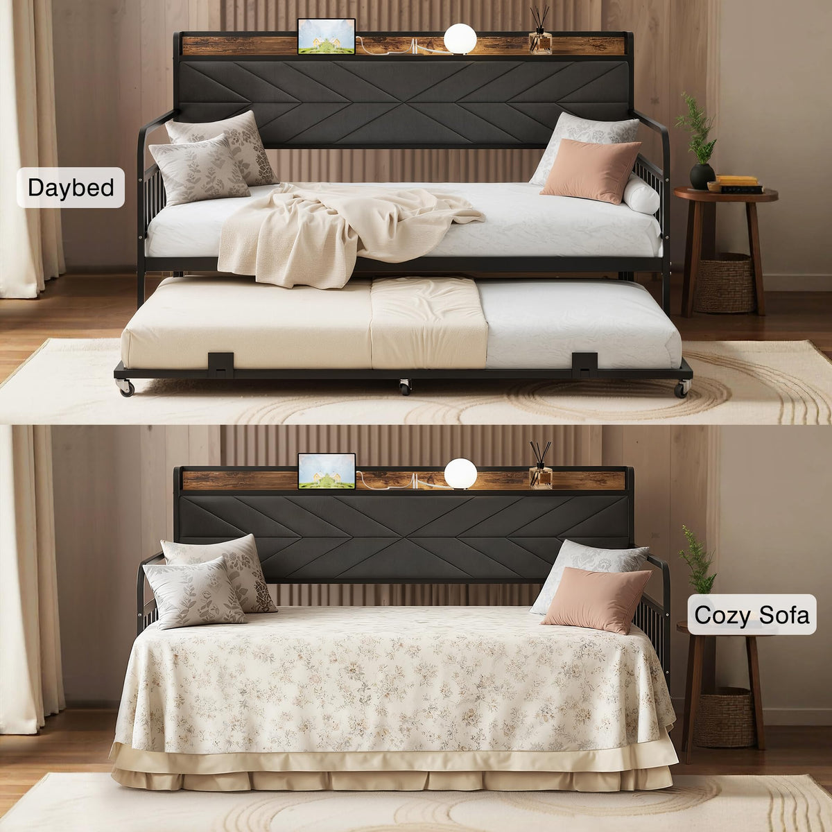 Black Metal Twin Daybed with Trundle and Storage Headboard P9870