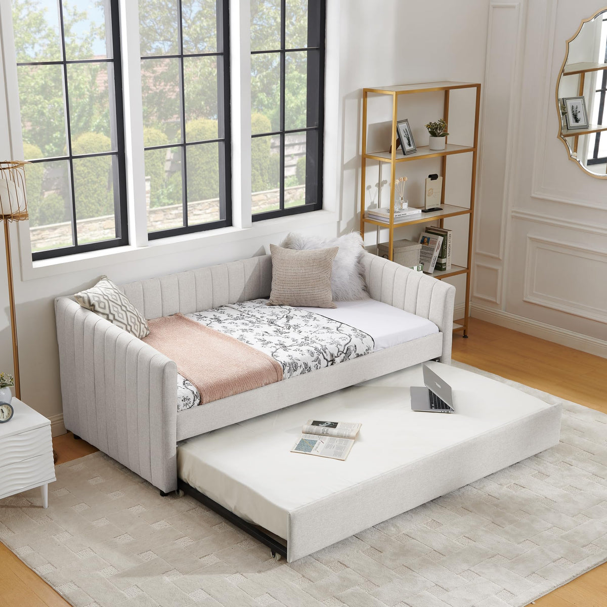 Beige Linen Twin Size Daybed with Trundle A5863
