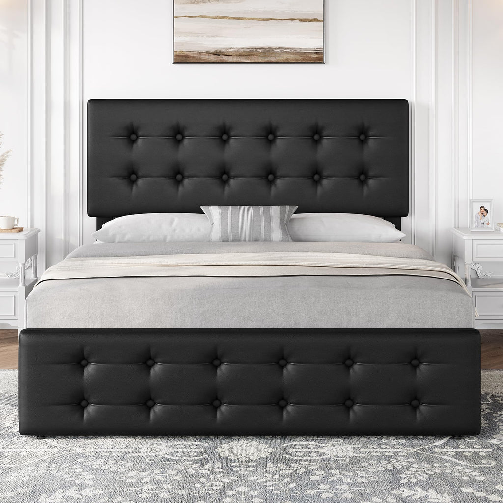 Full Size Bed Frame with 4 Storage Drawers and Headboard, Black O19435