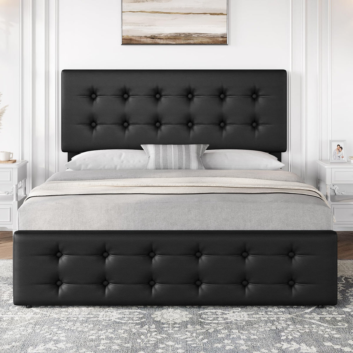 Full Size Bed Frame with 4 Storage Drawers and Headboard, Black O19435