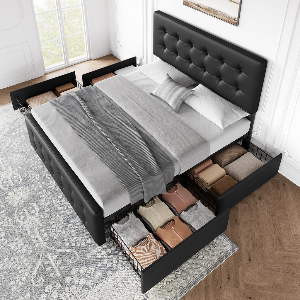Full Size Bed Frame with 4 Storage Drawers and Headboard, Black O19435
