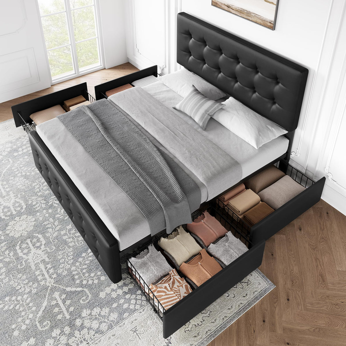 Full Size Bed Frame with 4 Storage Drawers and Headboard, Black O19435