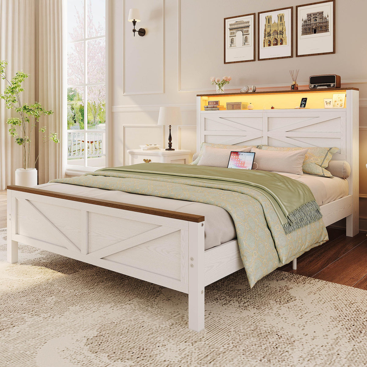 White Full Bed Frame with LED Lights & Charging Station V2840