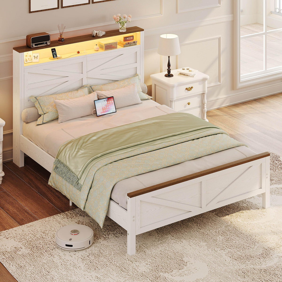 White Full Bed Frame with LED Lights & Charging Station V2840