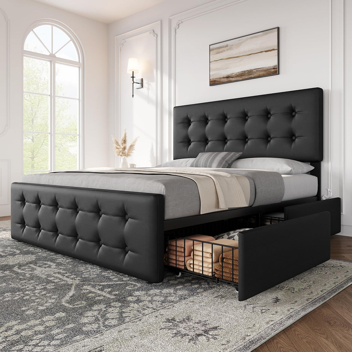 Full Size Bed Frame with 4 Storage Drawers and Headboard, Black O19435