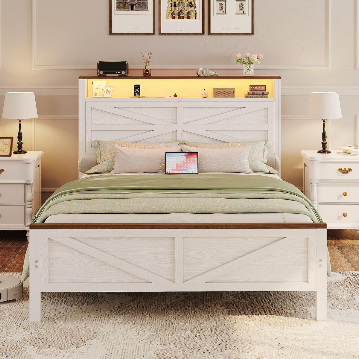 White Full Bed Frame with LED Lights & Charging Station V2840