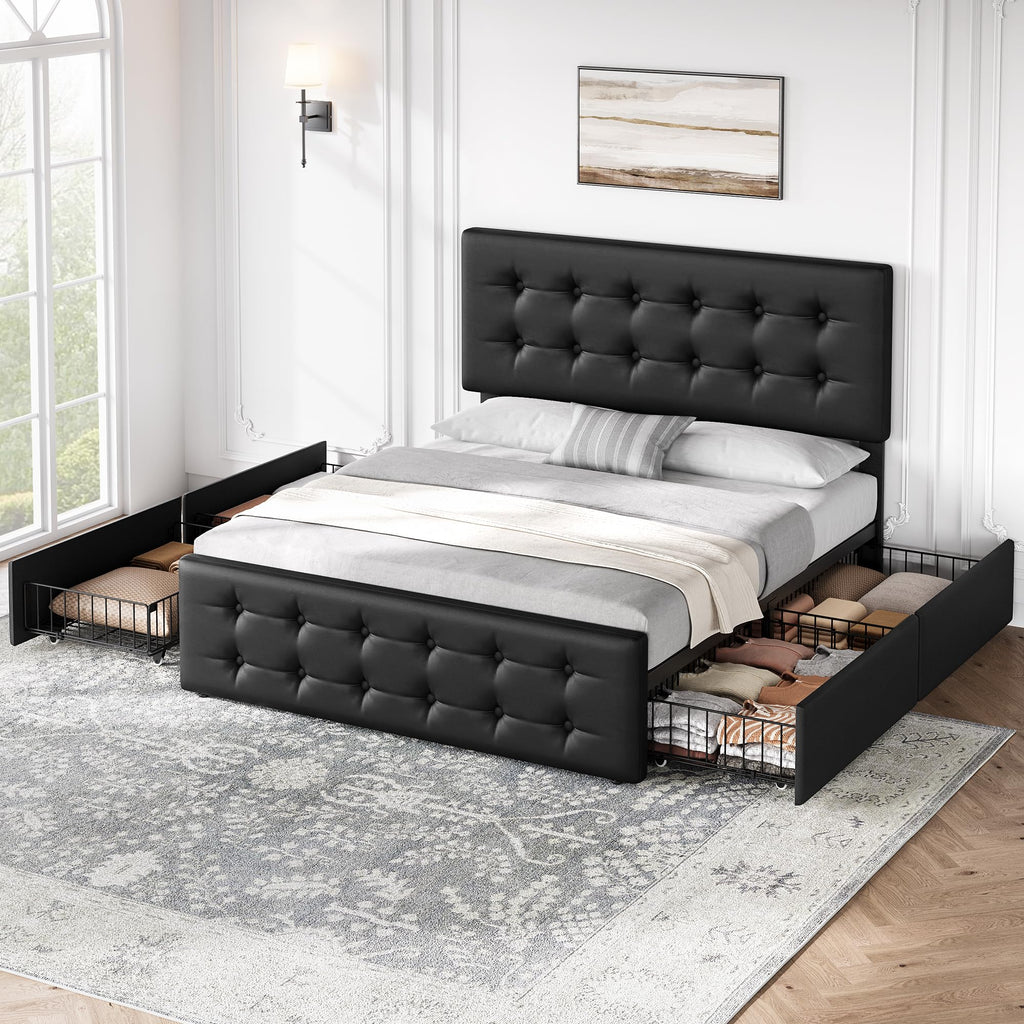 Full Size Bed Frame with 4 Storage Drawers and Headboard, Black O19435
