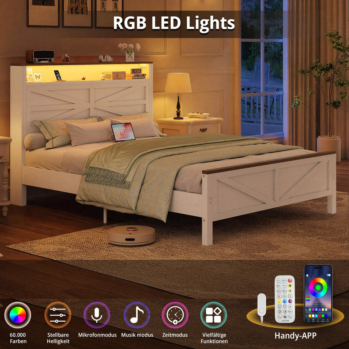 White Full Bed Frame with LED Lights & Charging Station V2840