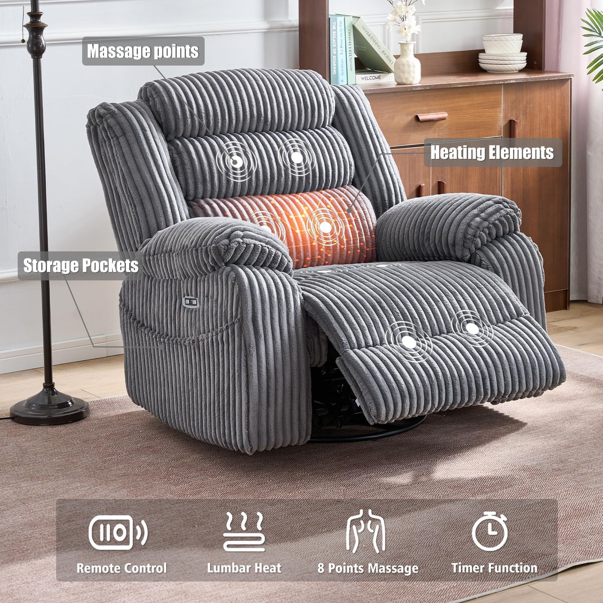 Power Swivel Rocker Recliner Chair with Vibration & Heat I243