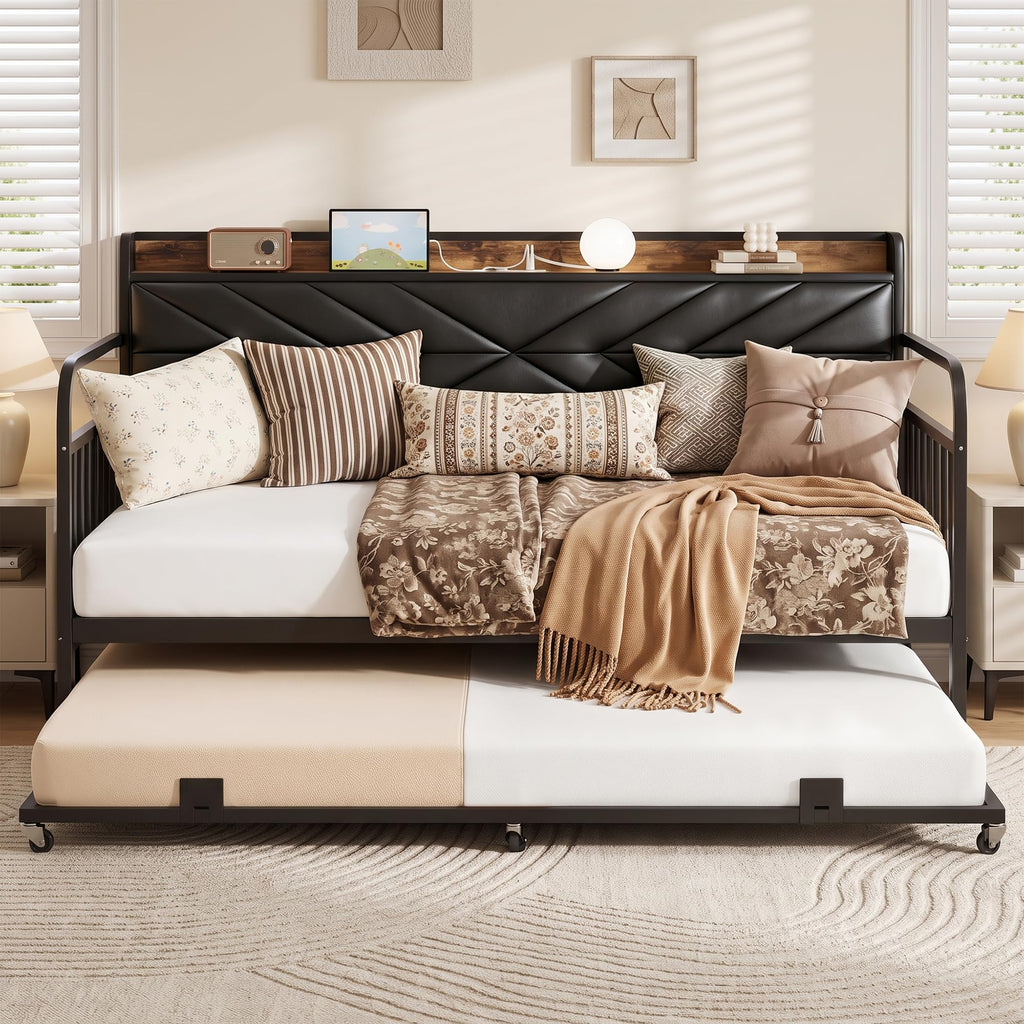 Black Metal Twin Daybed with Trundle and Storage Headboard P9870