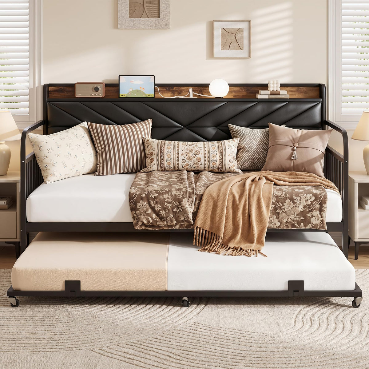 Black Metal Twin Daybed with Trundle and Storage Headboard P9870